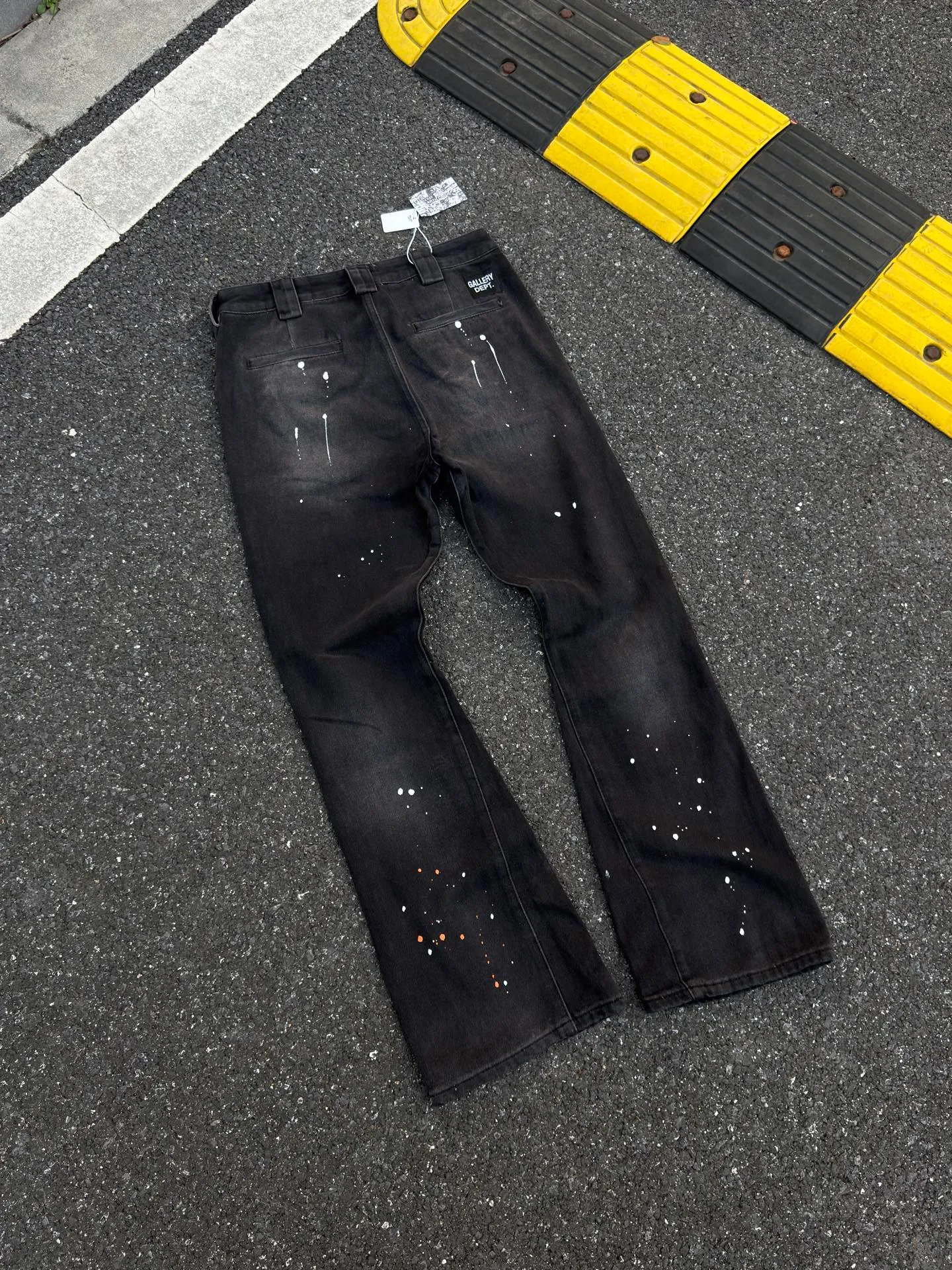 P240💰GA07 Top heavy industry GALLERY DEPT. Spliced ​​ink splash back logo washed retro jeans men and women high street splash ink pants micro-flared casual trousers trendy couple same style Size: 28 30 32 34 36 (corresponds to S M L XL XXL)